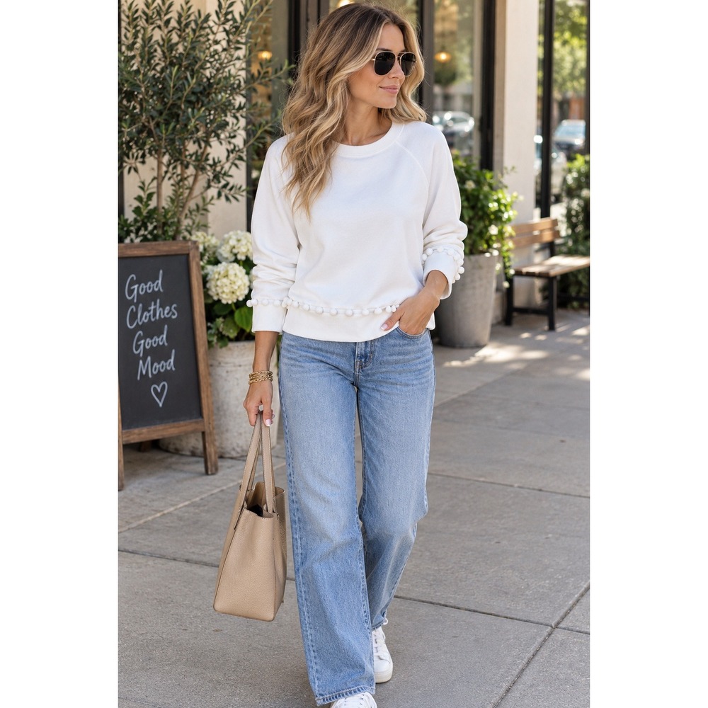 J.Crew Pom Pom Sweatshirt Small White Preppy Coastal G5504